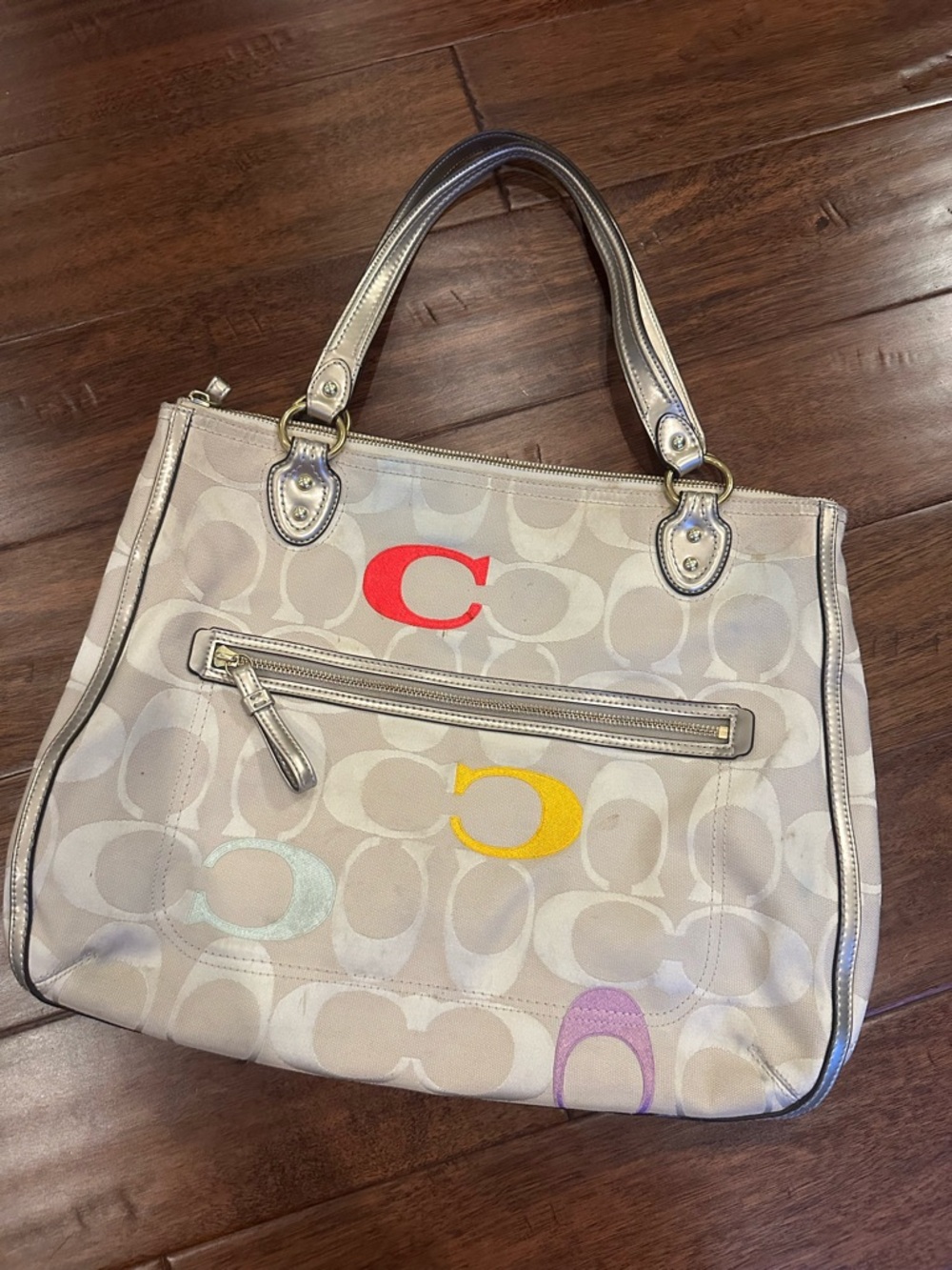 Coach Beige Signature Canvas Shoulder Bag with Multicolor 'C' Accents